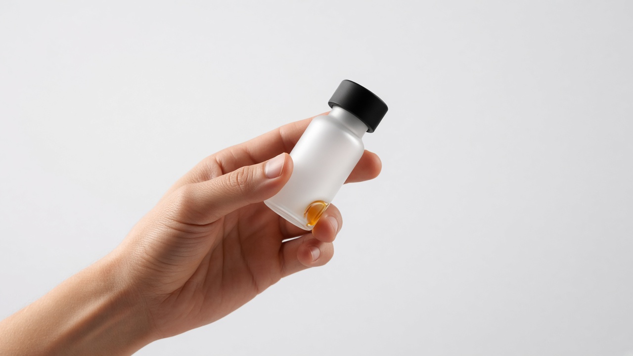 Vial de referencia en mano, estudio AYMEX